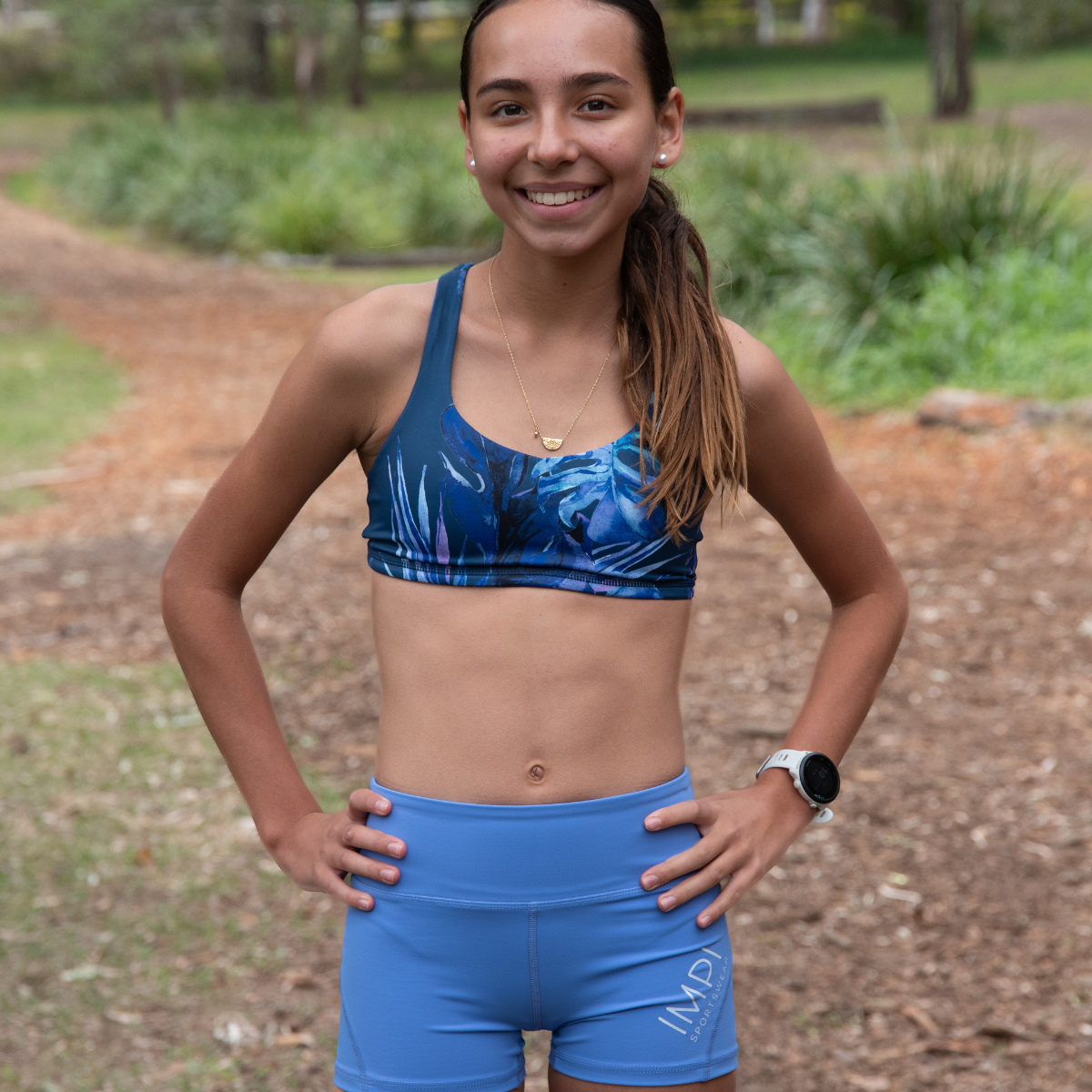 IMPI Strappy Running Bra Top - Blue Floral Burst