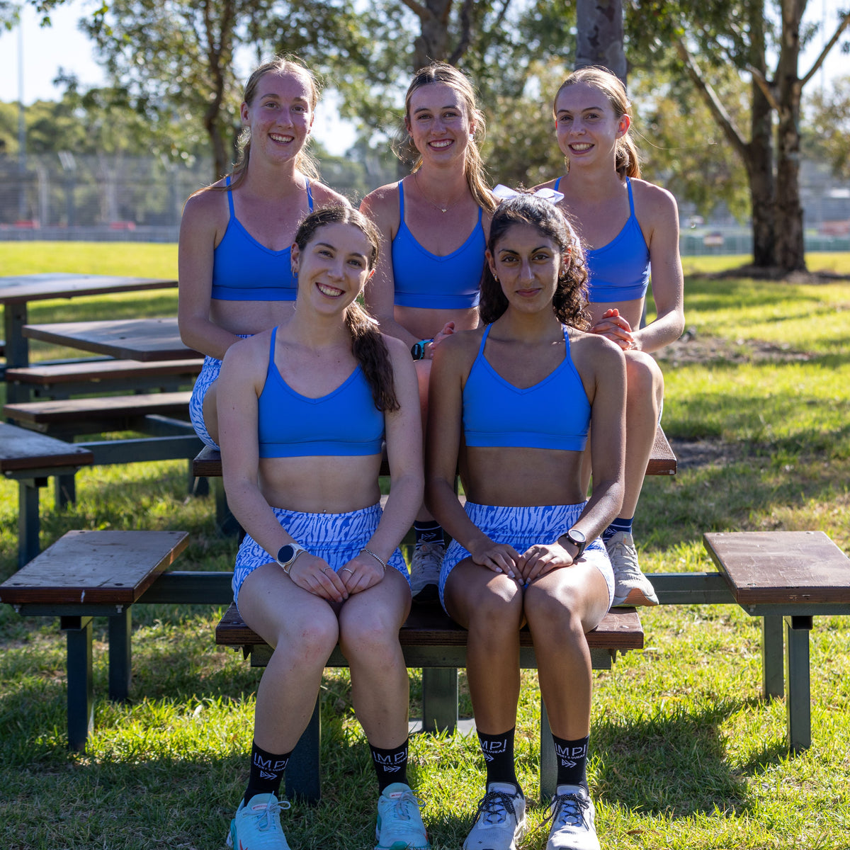 blue teen running bra
