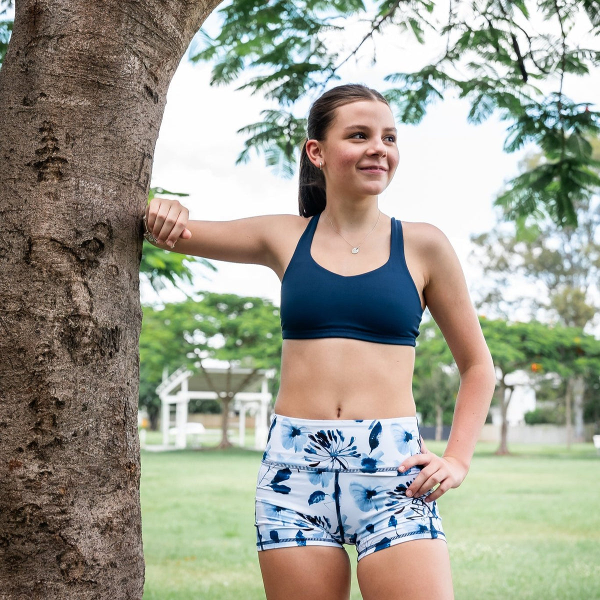 blue floral running shorts for girls