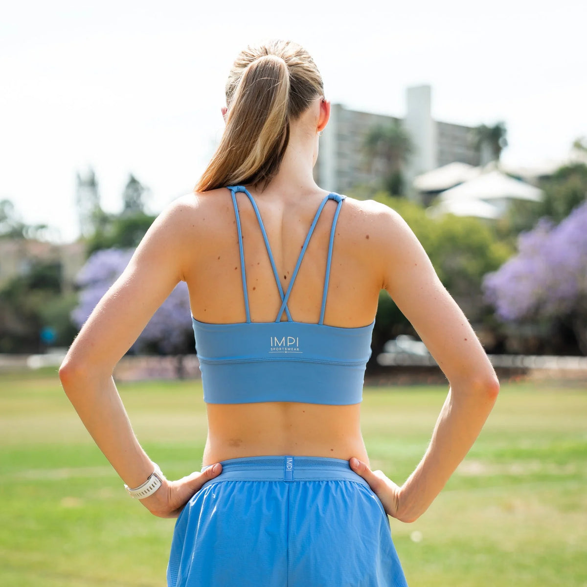 IMPI Longer Strappy Running Crop- Cornflower