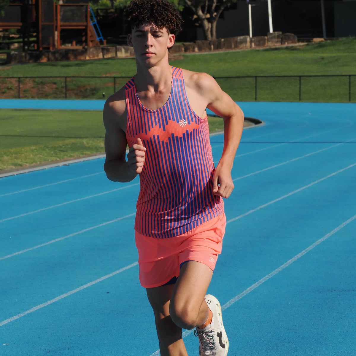 IMPI Boys Race Back Singlet - Neon Coral/Cobalt