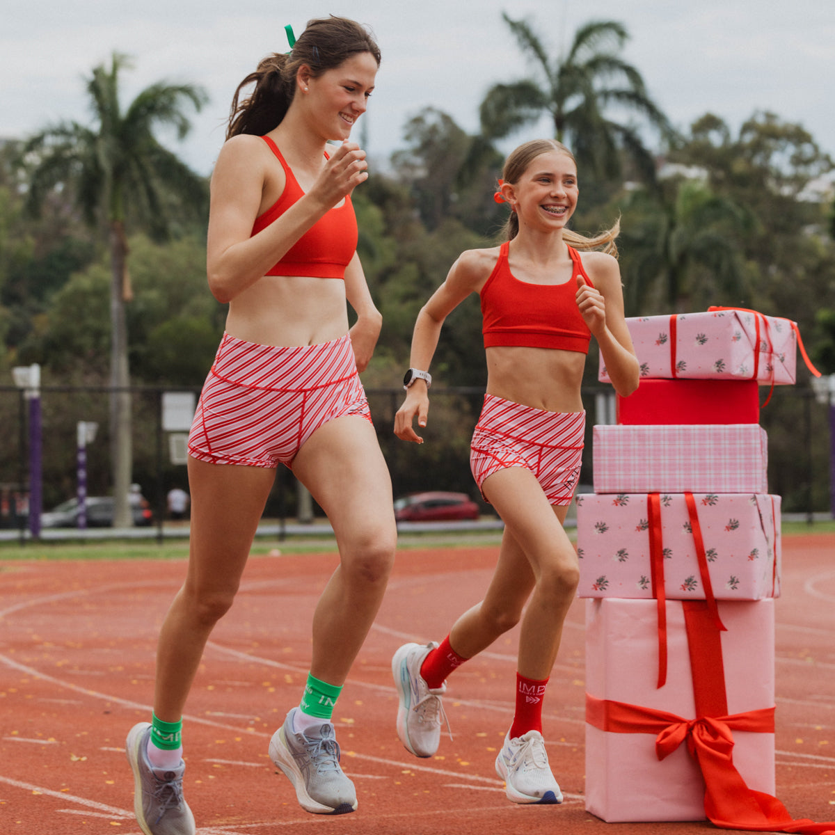 girls red stripe bike shorts